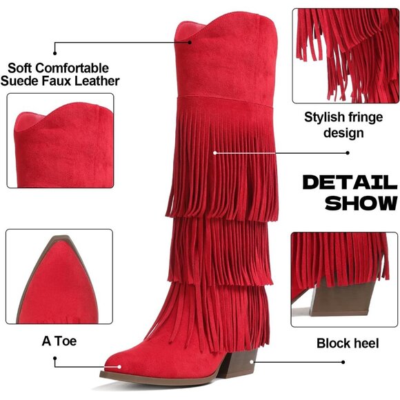 Women Retro Pointed Faux Suede Red Fringe Country Knee High Western Cowgirl Boot - Picture 8 of 8